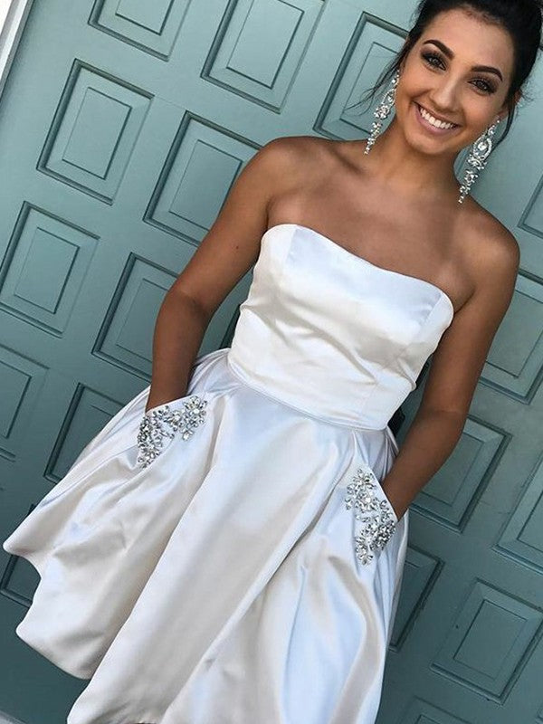Wholesale A-Line/Princess Satin Strapless Sleeveless Rhinestone Short/Mini Dresses